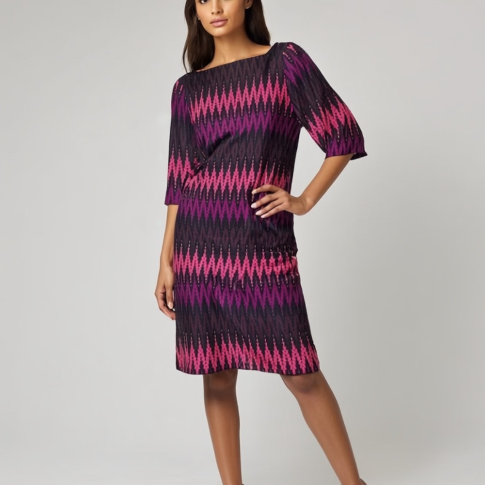 Milly of New York Silk Black Pink and Purple Geometric Print Shift Dress, US 6